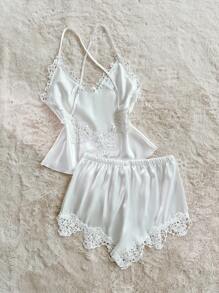 SilkySpell Lace Trim V-Neck Backless Silk-Like Women's Camisole & Shorts Pajama Set Lace Pajama Set Lace Sleep Set Bridal Pj Set Lingerie Sleep Set - White - View 2