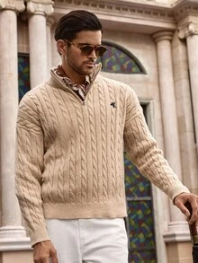 HIMLAND Men's Autumn/Winter Zipper Half-Open Chest Fashionable Knitted Pullover Sweater, Casual Knitwear Cable Knit Sweater Men Knit Jersey Quarter Zip Polo Sweater, Long Sleeve Top - Apricot - View 6