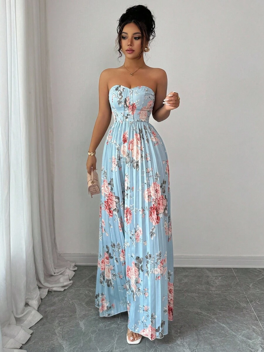 Elenzga Gaun Camisole A-Line Elegan dan Romantis dengan Motif Bunga dan Detail Kerut di Pinggang untuk Wanita - MultiWarna - View 1