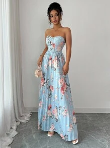 Elenzga Gaun Camisole A-Line Elegan dan Romantis dengan Motif Bunga dan Detail Kerut di Pinggang untuk Wanita - MultiWarna - View 4