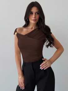 Firerie Áo thun bó eo nhún bèo vai lệch vai đơn giản dành cho nữ, thiết kế tối giản thanh lịch cho việc đi làm hàng ngày, mùa xuân hè, trang phục sân bay, trang phục đi nghỉ, giáo viên - Cà phê nâu - Xem 3