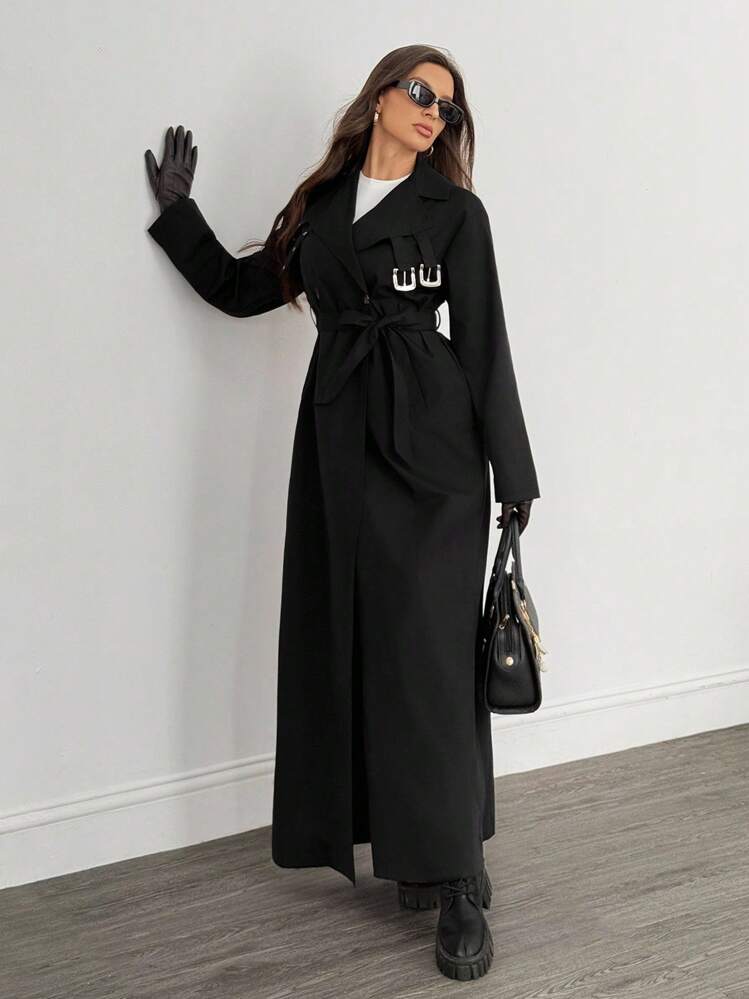 SHEIN Tall Extra Long Full Length Solid Color Double-Breasted Long Sleeve Windbreaker In Fall/Winter - Black - View 9