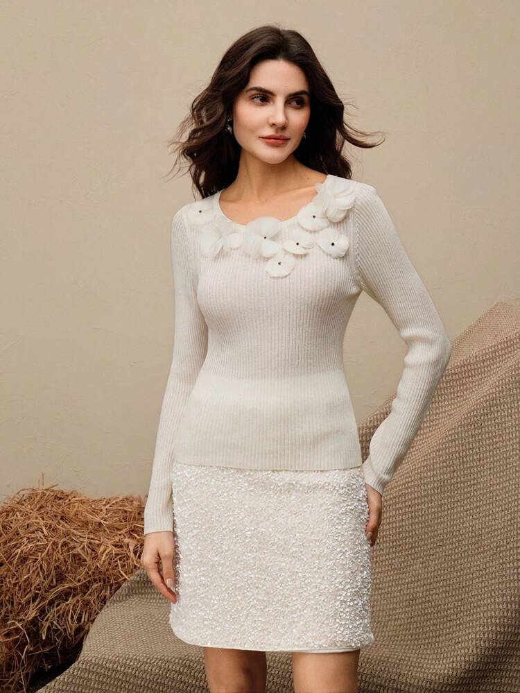 Suéter Elegante de Tricô Feminino com Gola Redonda, Manga Longa, Feito à Mão em Crochê Floral, para Outono e Inverno