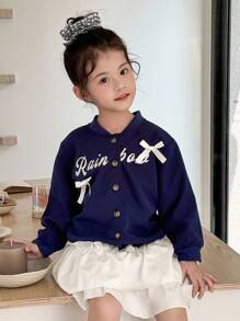 SHEIN 年轻女孩休闲字母蝴蝶结图案前拉链棒球夹克 - 藍白色 - 查看 2