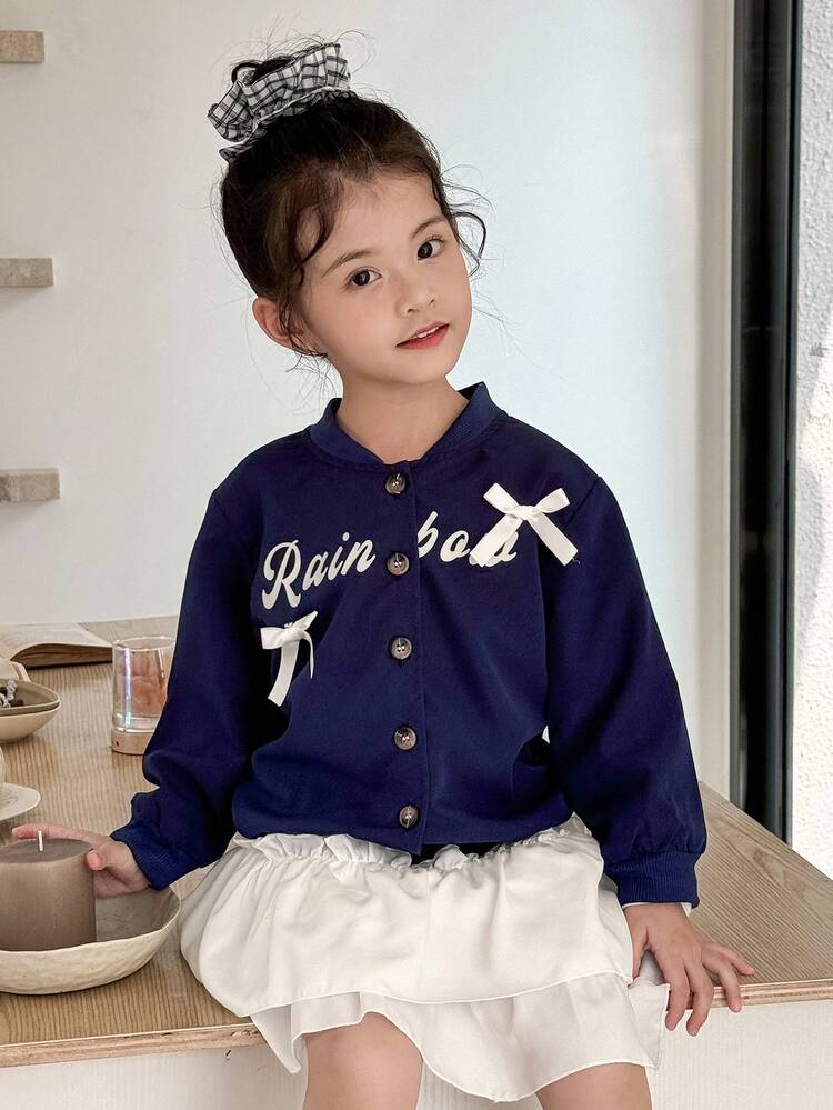 SHEIN 年轻女孩休闲字母蝴蝶结图案前拉链棒球夹克 - 藍白色 - 查看 1
