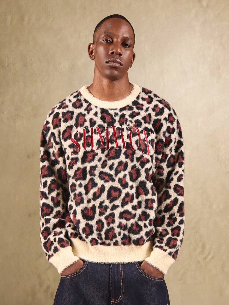 Fuzzy Leopard Print Jumper With Crew Neck