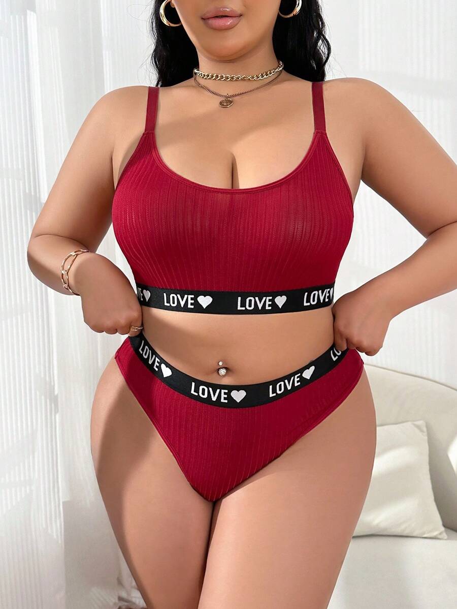Plus Size Women Heart & Letter Knit Comfy Lingerie Set - Burgundy - View 1