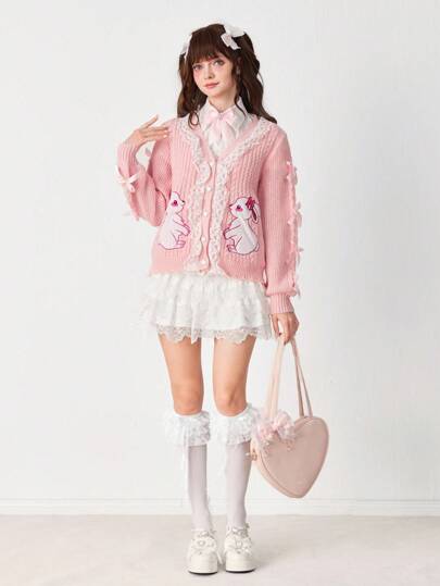 EDITION Cardigan da donna con ricamo di coniglietti, bordo in pizzo, fiocco decorativo e bottoni a forma di cuore, colore rosa