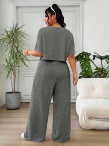 Solflare 2 pièces/set Femmes grande taille Top décontracté à manches courtes et épaules tombantes & Pantalon, Gris foncé - Gris foncé - Voir 3