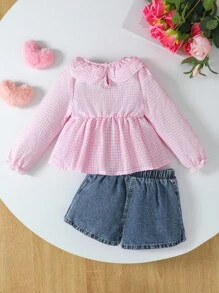 女童衬衫套装 2 件套 女童粉色荷叶边衬衫和牛仔裙套装，长袖上衣，不对称下摆，春季时尚装扮 女童格纹裙套装 粉色和蓝色套装 女童两件套牛仔裙套装 女童服装 荷叶边上衣 粉色格纹上衣和牛仔裙套装 - 粉色 - 查看 2