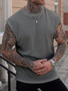 Manfinity CasualCool Men's Simple Solid Color Textured Wide Shoulder Tank Top, Perfect For Beach Trips In Summer - Grey - View 5