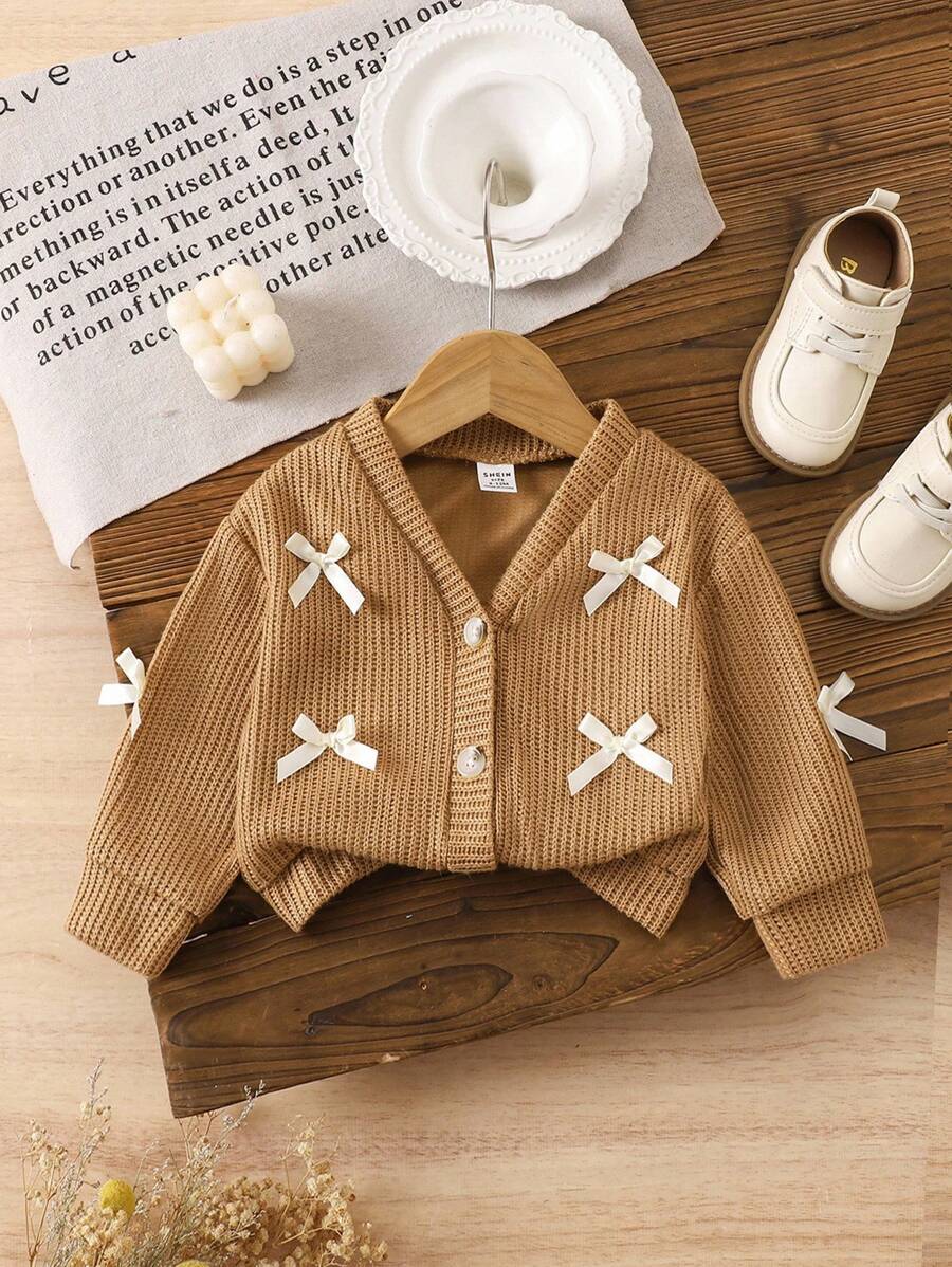 SHEIN Vintaside Kids Baby Girl V-Neck Bow Solid Color Long Sleeve Cardigan Sweater, Spring/Autumn Outerwear Fall Winter - Coffee Brown - View 1