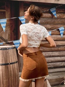 SHEIN Frenchy Women's V-Neck Lace Trim Short Sleeve Casual Cropped Top Oktoberfest Dirndl Tops Oktoberfest Tracht Oktoberfest Wiesn Bierfest Oktoberfest Dirndl Oktoberfest Festival Lace Crop Top Summer White - White - View 2