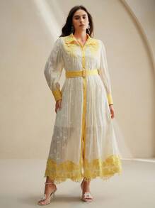 Anewsta Long Sleeve Floral Patchwork Stand Collar Dress