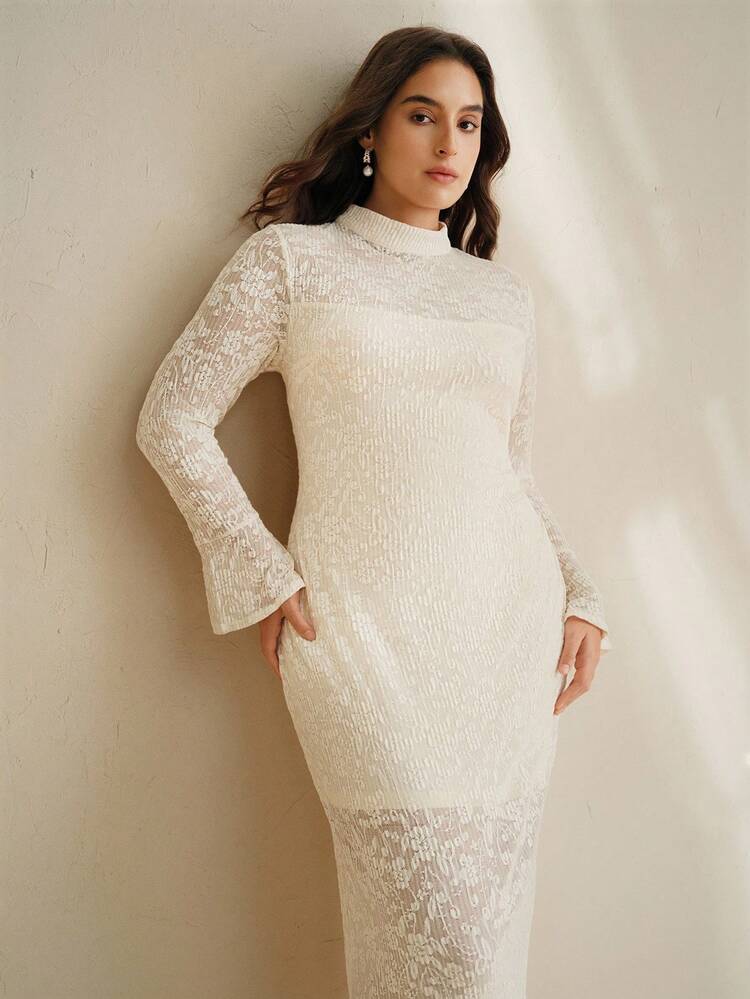 Plus Size Sexy And Elegant Apricot Long Dress With Cinched Waist Design, Suitable For Date Nights Maxi Lace Women Outfit, White Dress