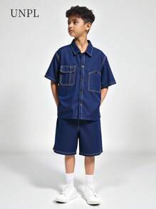SHEIN Explorewe 2pcs Boys Sky Blue Jeans Style Casual Set, Soft Fabric, Comfortable, Suitable For Summer, Outdoor, School, Travel, Photography, All Occasions, Must-Have For Teen Boys Boys Woven Shirt Short Sets Boys 2 Piece Outfit Set Dark Blue Boys Outfit Royal Blue Boys Shirt And Shorts Set Boys Summer Outfit,Back To School Clothes