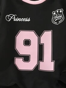 Tween Girls Spring/Autumn Casual Sweatsuit, Retro American Style Pink Numeric & English Letter Bow Print Knit Fabric Crew Neck Long Sleeve Sweatshirt Paired With Solid Pink Woven Fabric Fashionable Cargo Pants 2 Pieces Set, Suitable For Back To School, Daily Casual, Outdoor, Travel, Photography, Y2K Street Style Fall Winter