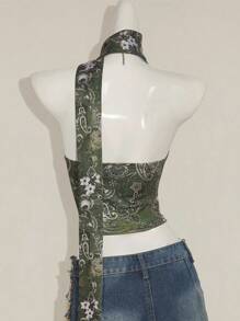 SHEIN ICON Y2k V 领西部女式波西米亚海滩女式嬉皮夏季外出复古佩斯利印花女式全身花卉印花垂坠性感吊带背心，夏季度假休闲 - 綠色 - 查看 2