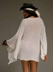 MUSERA 超低胸针织长袖迷你连衣裙，西部乡村风，秋季街头服饰，节日优雅，Y2K性感可爱，90年代波西米亚风，中西部派对，夏季新娘单身派对，告别单身，婚礼 - 杏色 - 查看 3