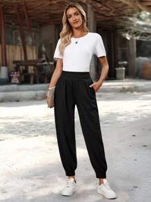 EMERY ROSE 女式纯色褶皱口袋抽绳宽松休闲裤女式哈伦裤女式宽松裤松紧腰裤女式休闲裤女式夏季裤子女式夏季裤子女式裤子休闲哈伦裤女式运动裤女式运动裤女式黑色裤子宽松裤秋季女装返校服 - 黑色 - 查看 5