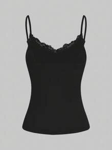 SHEIN Essnce Áo ba lỗ ren chắp vá thường ngày cho nữ 3 món/bộ cho kỳ nghỉ hè - Màu xám đen - Xem 5