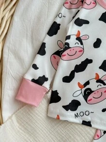 2pcs Baby Girl Snug Fit Cute Cow Print Colorblock Round Neck Long Sleeve Pajama Set, Soft & Comfortable For Autumn/Winter