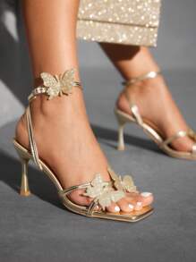 CUCCOO SZL Women's High Heel Sandals With Butterfly Element, Multi-Strap Crisscross Design, Square Toe, Stiletto Heel, Ankle Strap, Light Gold PU Metallic Material, Sexy High Heel Sandals For Christmas - Gold - View 7