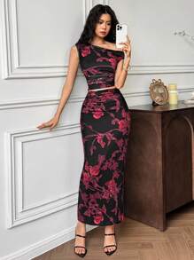 EastFlair 女式花卉印花不对称短款上衣和褶皱迷你裙两件套