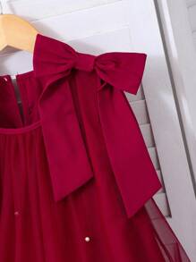 Vestido de Tule com Babados Florais e Decoração de Pérolas, Elegante para Meninas - Vinho - Visão 5