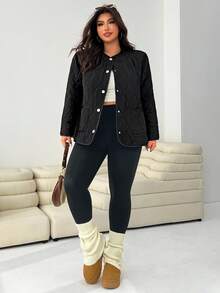 Solflare Plus Size Women Casual Diamond Pattern Warm Single-Breasted Thick Winter Jacket Plus Size Quilted Jacket Black Quilted Jacket Fall Autumn - Black - View 3