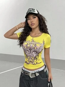SHEIN HypeZone Women's Fuchsia Gothic Rhinestone Decor Slim Fit Streetwear Y2K Punk Print Short Sleeve T-Shirt, Suitable For Vacation, Spring/Summer - Yellow - View 6