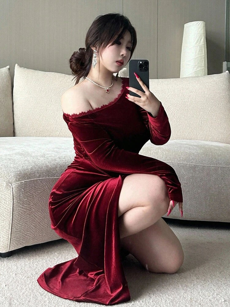 Dazy Plus Valentine Christmas Plus Size Women's Asymmetrical Hem Lace & Velvet Patchwork Long Sleeve Dress, Wine Red, For Party Fall/Winter Prom Dress, New Year Elegant Women Dress