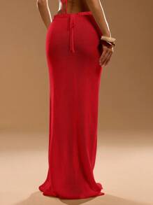 SHEIN BAE 女士休闲波西米亚风系带半身裙 - 紅色 - 查看 2