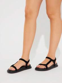 Solezae 女士厚底夏季户外基本款度假沙滩休闲PU黑色平底凉鞋 - 黑色 - 查看 7