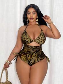 Slaydiva Plus Size Women's Random Leopard Print Triangle Top & Tie Side Bottoms One-Piece Swimsuit, Beach Vacation For Summer