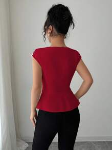 Elenzga 女式束腰不对称拼接刺绣网眼衬衫 - 紅色 - 查看 2