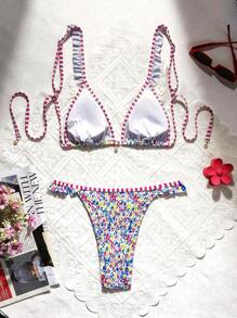 Swim Vcay Baju Renang Wanita Motif Bunga Putih Musim Panas yang Lucu untuk Pesta Kolam Renang, Liburan Pantai, Bikini Segitiga dengan Hiasan Rumbai Warna Kontras dan Tali Bahu yang Dapat Diatur, Liontin - MultiWarna - View 2