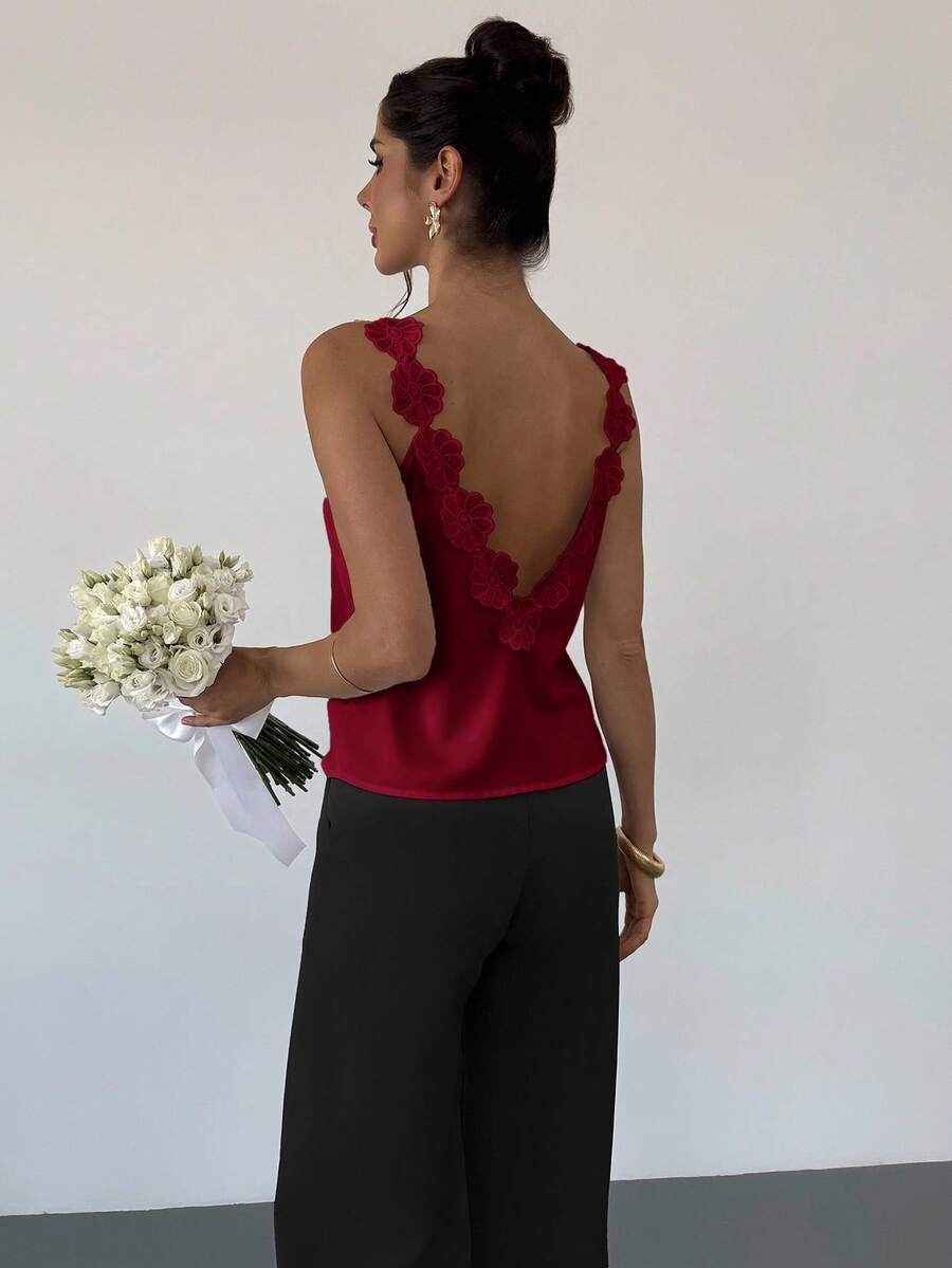 Firerie 新款优雅露背碎花女式衬衫，露背上衣，夏季节日优雅婚礼宾客上衣女士教堂度假 - 酒紅色 - 查看 1