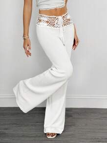 SHEIN Tall Quần len ống rộng đan móc phong cách du lịch giản dị thời trang cho nữ vào mùa thu/đông - trắng - Xem 4