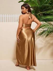 Swim Oasis New Women Plus Size Hollow-Out Bandeau 3 PiecesBikini Set With High-Waist Bottoms And Long Cover-Up, Vacation Swimming Suit