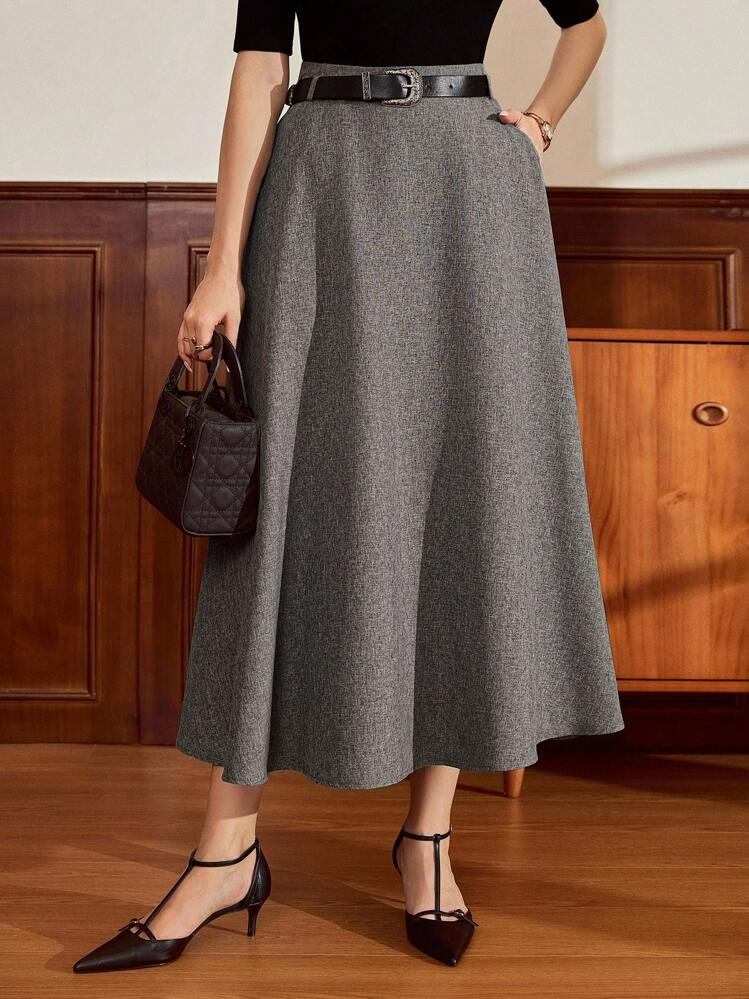 Vintamour Vintage Elegant Women's Grey Winter Skirt With Pockets Belt,Office Business Casual Elegant Wedding Guest Back To School Christmas Concert Festival - Grey - View 6