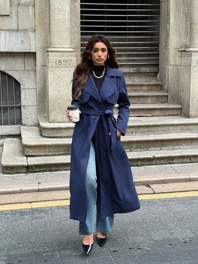Firerie Women's Elegant Everyday Casual Commuting Office Fashion Navy Blue Long Sleeve Double-Breasted Pocket Cinched Waist Long Trench Coat, Autumn,Teacher, Fall, Office