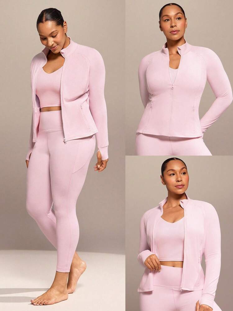 Plus Size FeatherFit™ Slim Fit Thumbhole Jacket With Side Pockets Low Impact Yoga Pilates Studio Daily Casual Wear