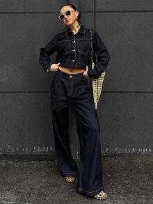 DAZY 女士休闲通勤牛仔夹克和裤子套装秋冬 - 藍色 - 查看 4