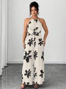 Elenzga Plus Size Women's Elegant Floral Print Halter Jumpsuit, Summer - White - View 3