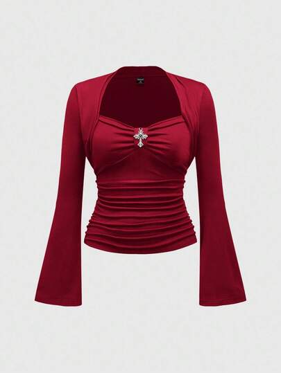 Vintage Gothic Palace Cross Pendant Solid Color Elastic Long Sleeve Women T-Shirt