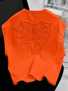 PAVTROS 男士街头风格流行 INS 搭配蜘蛛网和心形刺绣背心，宽松版型，男友/丈夫礼物，周年纪念礼物，适合万圣节 - 橘色 - 查看 8