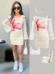 Firerie Kids Firerie Kids Váy xòe họa tiết hoa lưới bó sát cho bé gái tuổi mới lớn màu kem, phù hợp mặc thường ngày, đi nghỉ, tiệc tùng, giải trí, có họa tiết hoa, váy xòe, hoa dâm bụt, hoa sứ tay loe - Màu be - Xem 1