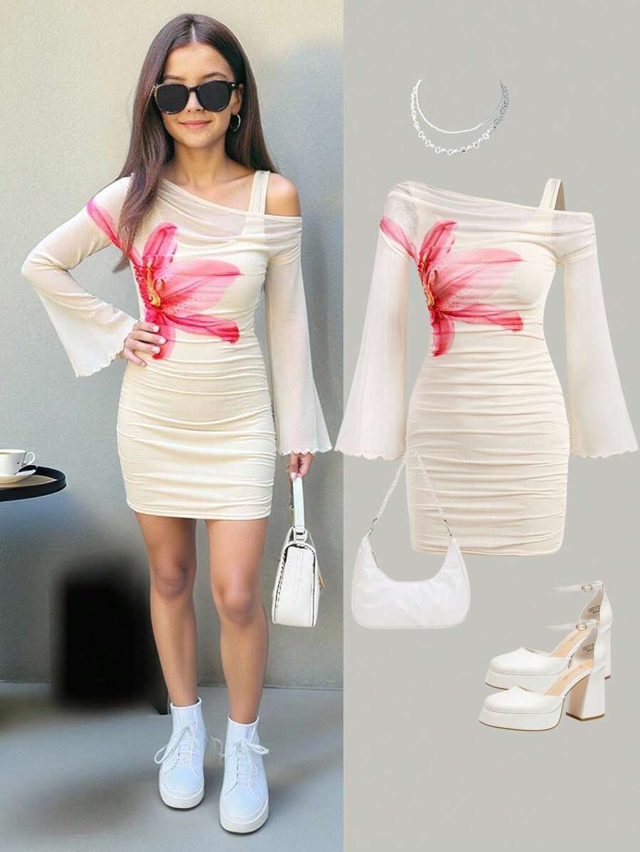 Firerie Kids Firerie Kids Váy xòe họa tiết hoa lưới bó sát cho bé gái tuổi mới lớn màu kem, phù hợp mặc thường ngày, đi nghỉ, tiệc tùng, giải trí, có họa tiết hoa, váy xòe, hoa dâm bụt, hoa sứ tay loe - Màu be - Xem 1