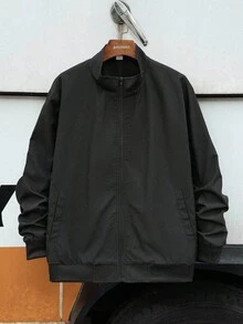 SHEIN Teenager Boys' Basic Black Jacket Back To School Casual Street Text Logo Embroidery Solid Color Versatile Comfortable Stand Collar Long Sleeve Jacket, Suitable For Commuting, School, Daily Casual, Travel, Sports, Party, Autumn/Winter Black Jacket Boys Teen Boys Jacket Zip Up Jacket Boys Fall Autumn And Winter